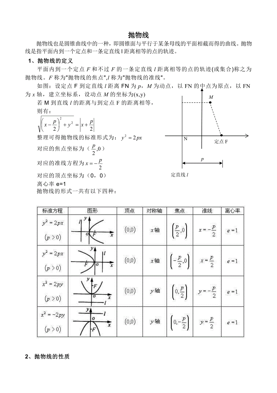 高中数学解析几何抛物线性质与定义_第1页