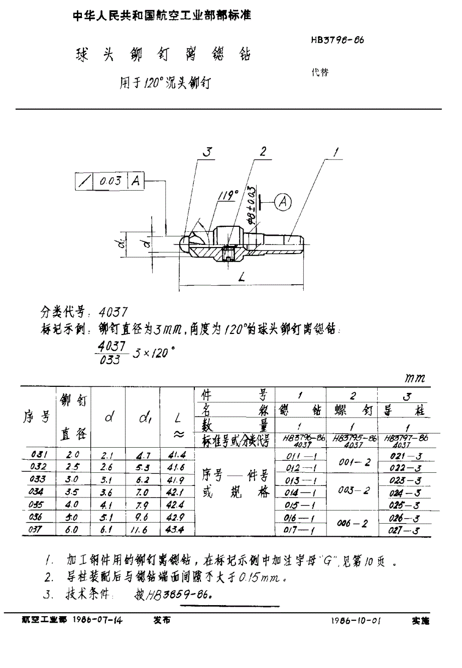 HB 3796-1986 铆钉窝锪钻 用于120°沉头铆钉_第1页