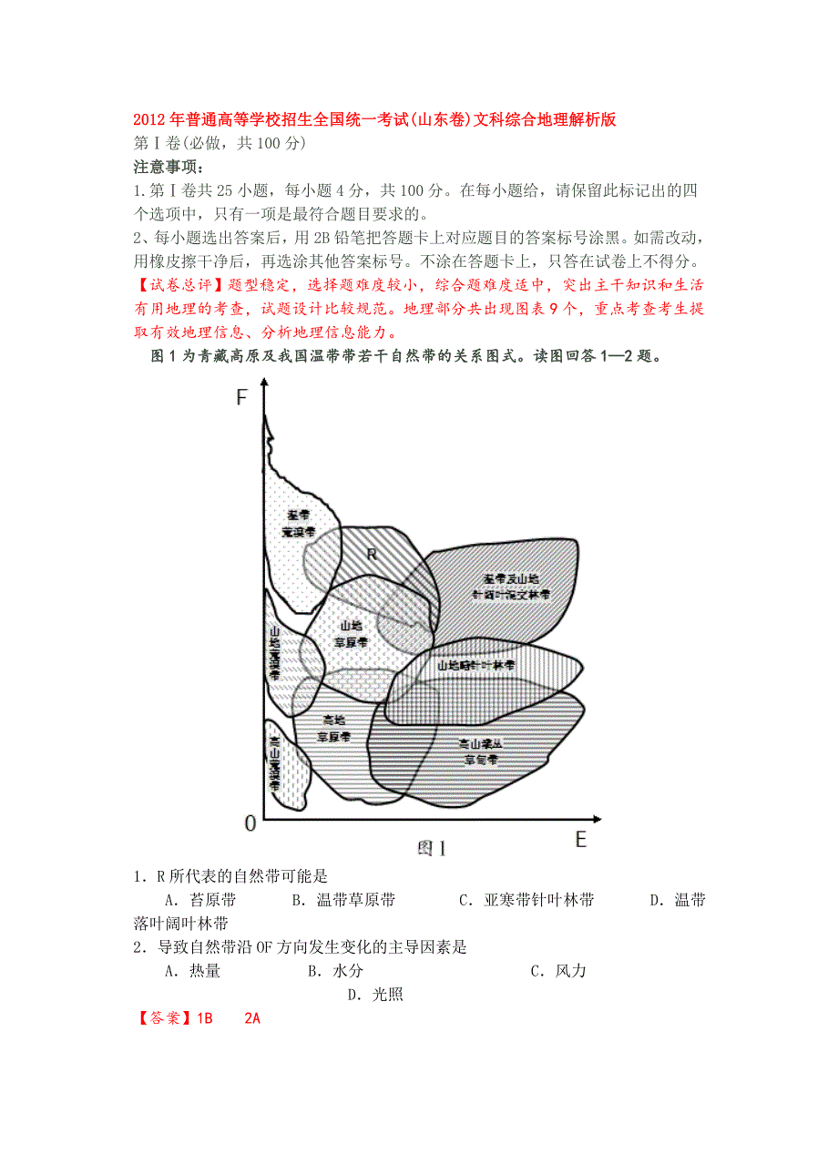 2012年山东高考文综地理试题答案及解析_第1页