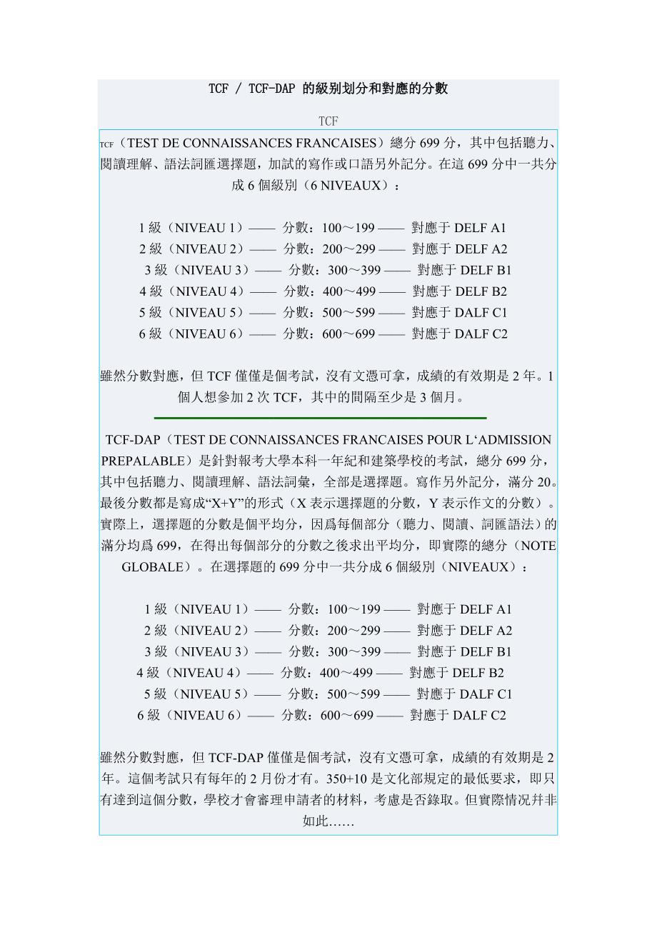 TCF  TCF-DAP 的级别划分和对应的分数_第1页