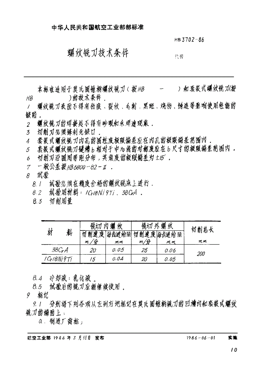 HB 3702-1986 螺纹铣刀技术条件_第1页