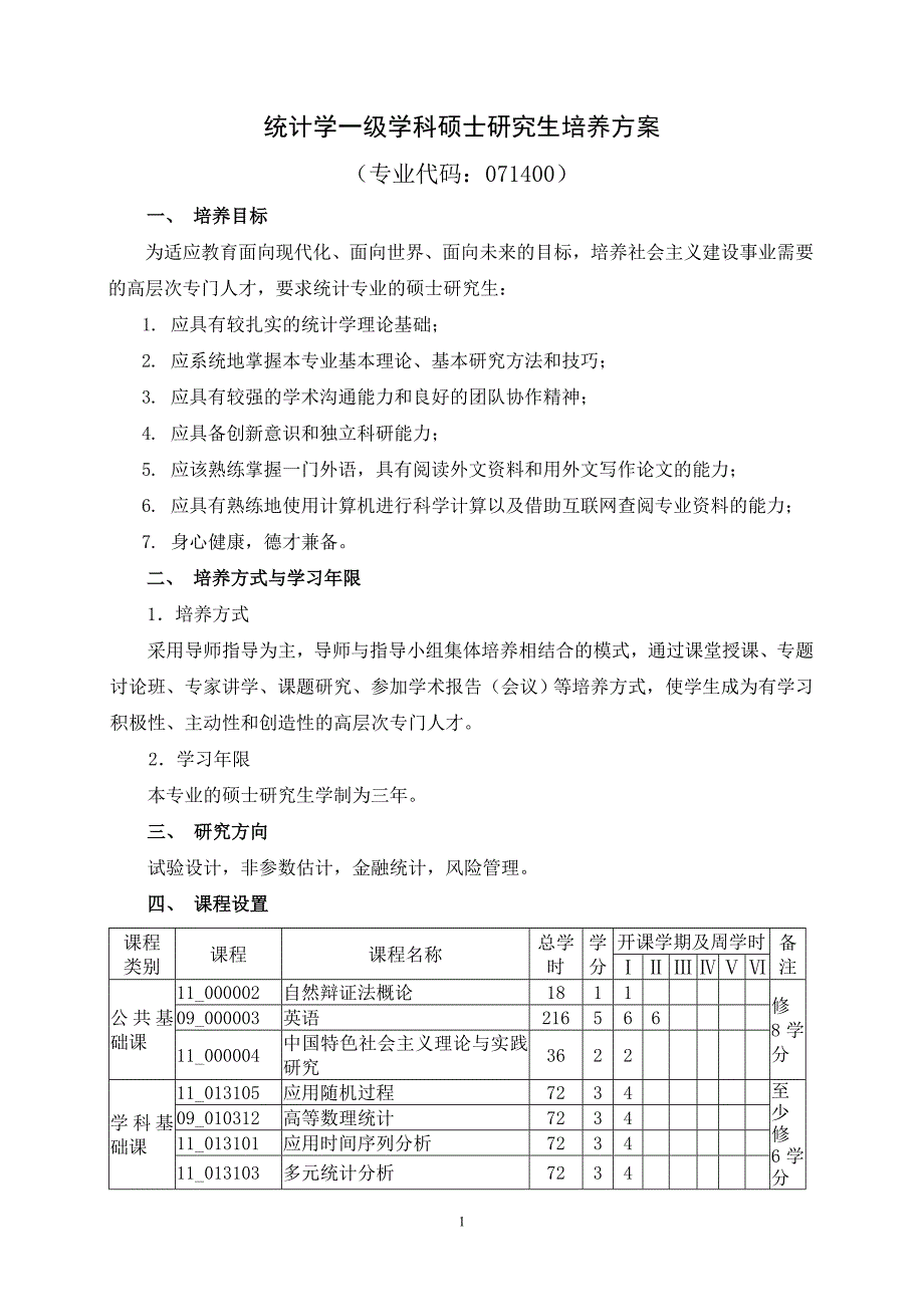 统计学一级学科硕士研究生培养方案_第1页