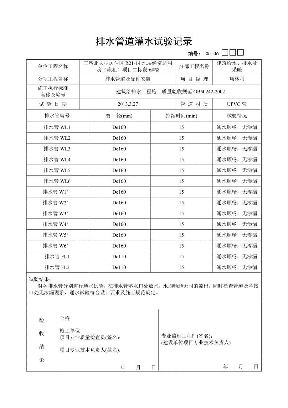 排(雨)水管道灌水(通水)试验记录_第5页