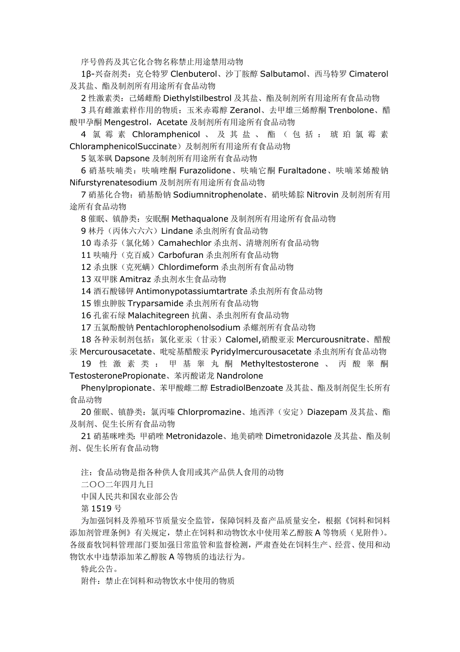 农业部公布禁用药物、物质清单_第4页