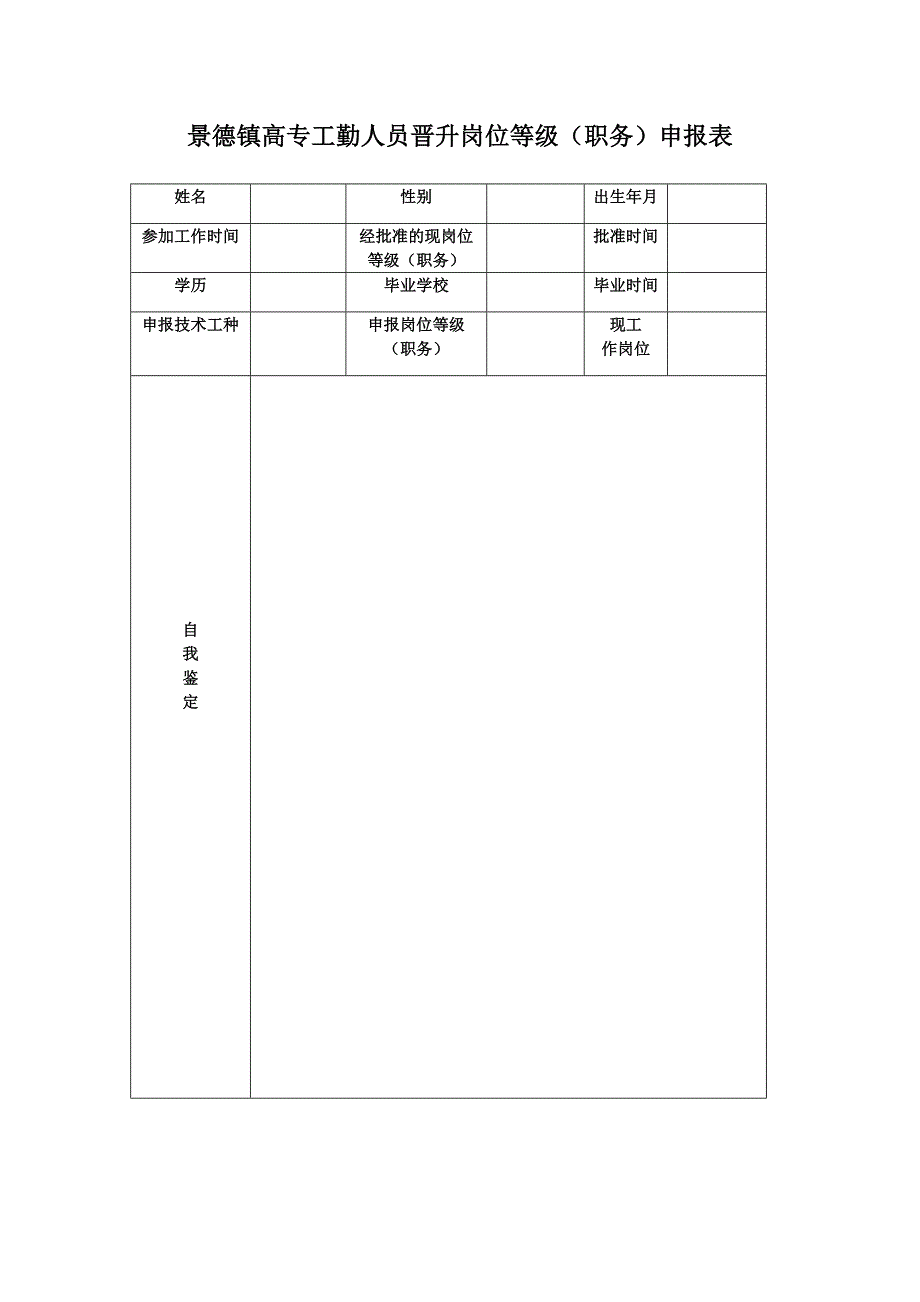 景德镇高专工勤人员晋升岗位等级(职务)申报表_第1页