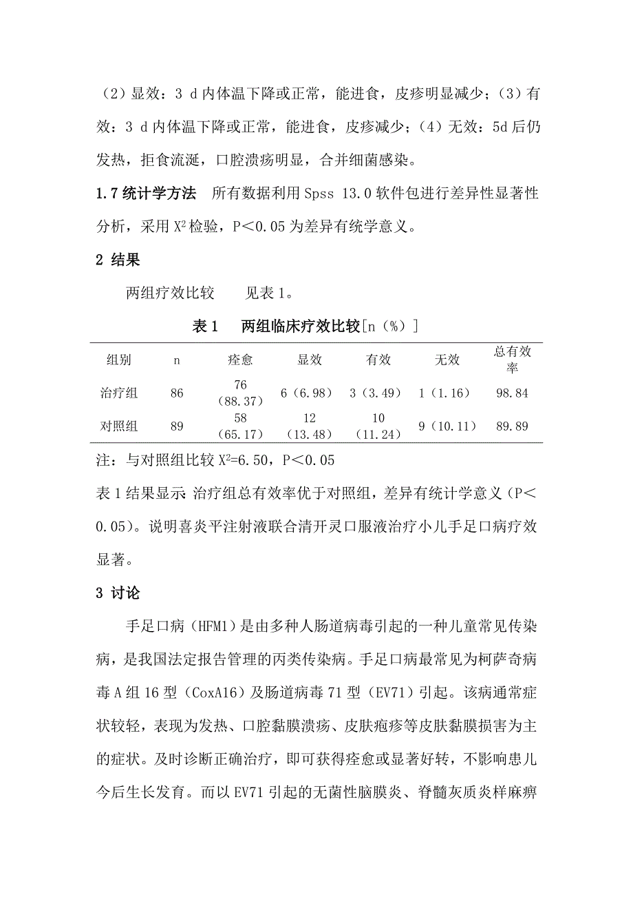 喜炎平注射液联合清开灵口服液治疗小儿手足口病86例_第3页