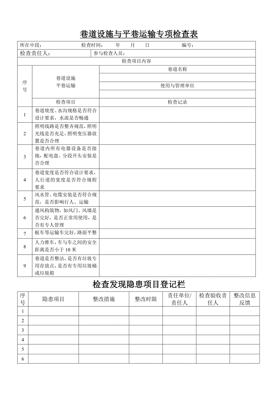 巷道与平巷运输专项检查表_第1页