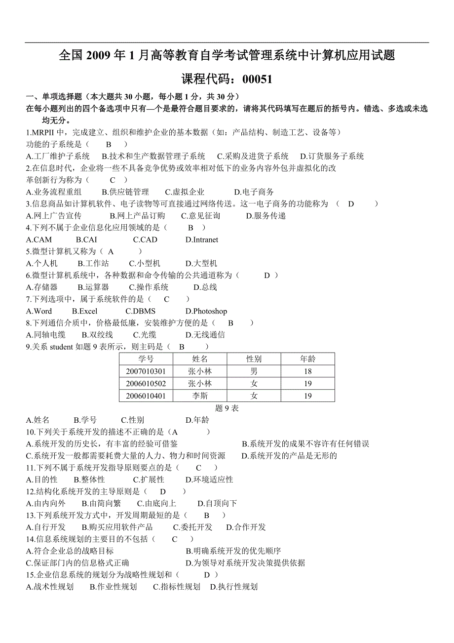 《管理系统中计算机应用》真题及答案_第1页