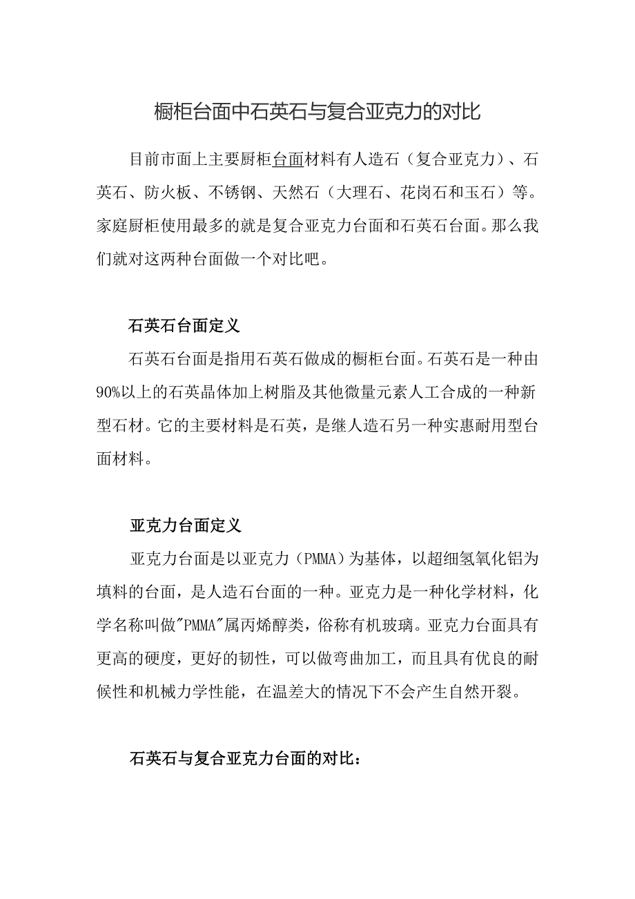 橱柜台面中石英石与复合亚克力的对比_第1页