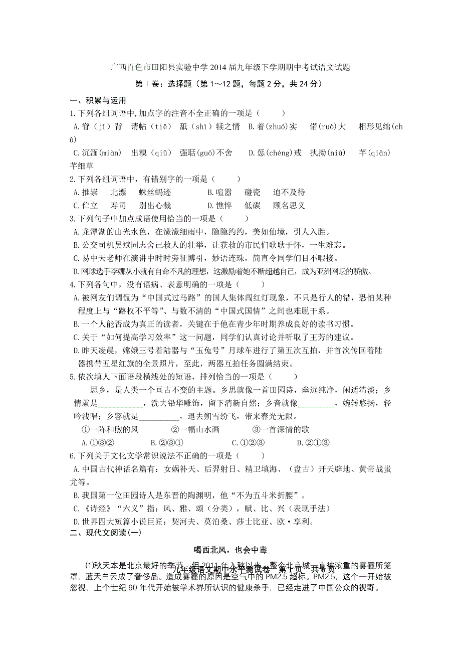 广西百色市田阳县实验中学2014年届九年级下学期期中考试语文试题_第1页