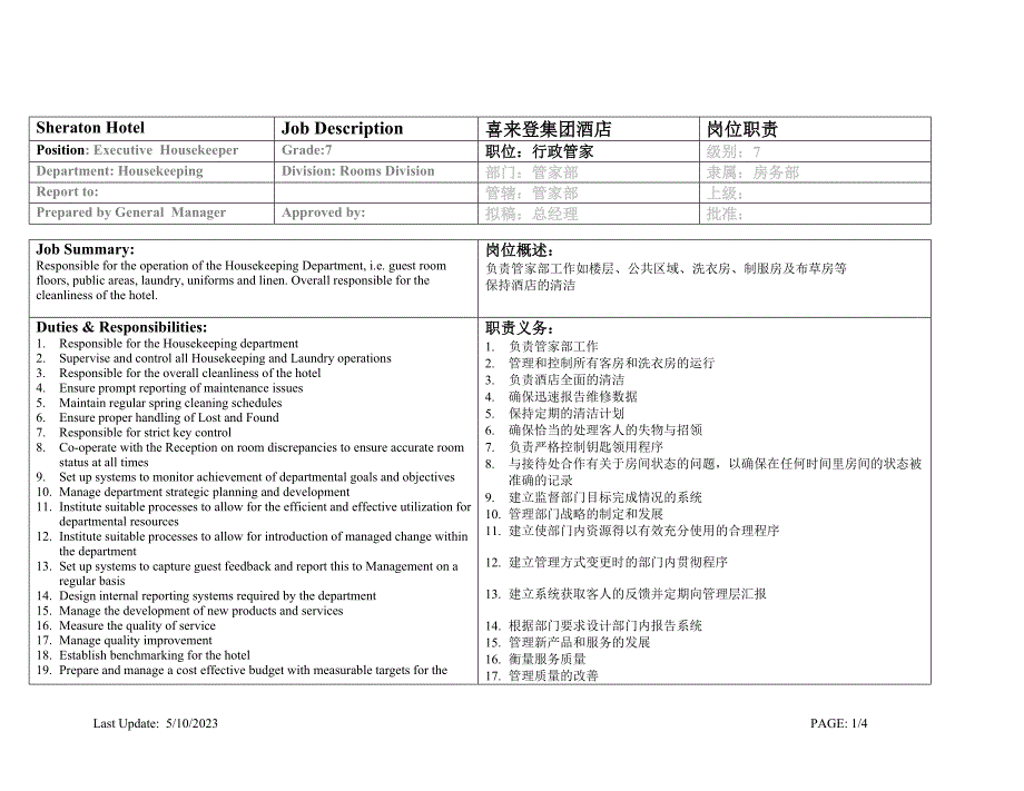 喜来登(Sheraton)酒店房务部行政管家岗位职责_第1页