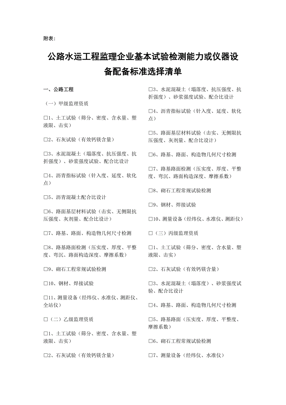 公路水运工程监理企业基本试验检测能力或仪器设备配备_第1页