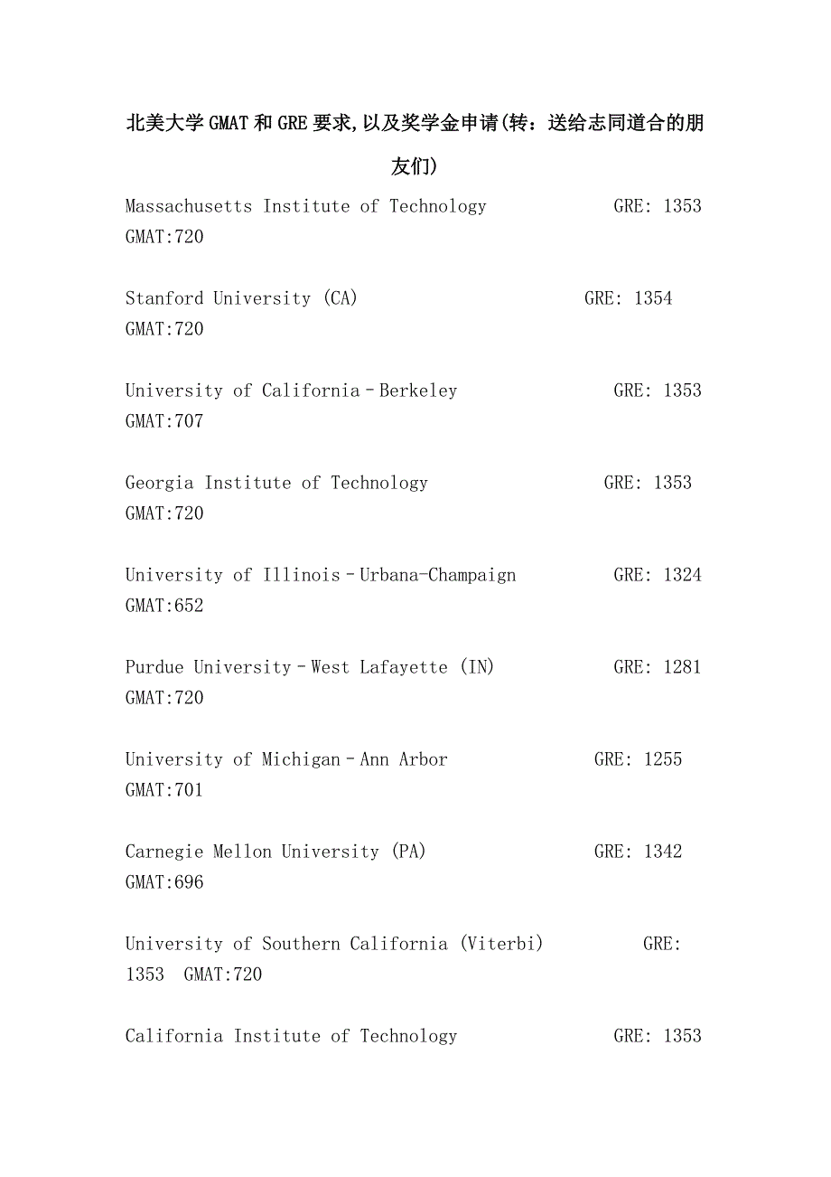 北美大学gmat和gre要求,以及奖学金申请(转：送给志同道合的朋友们)_第1页