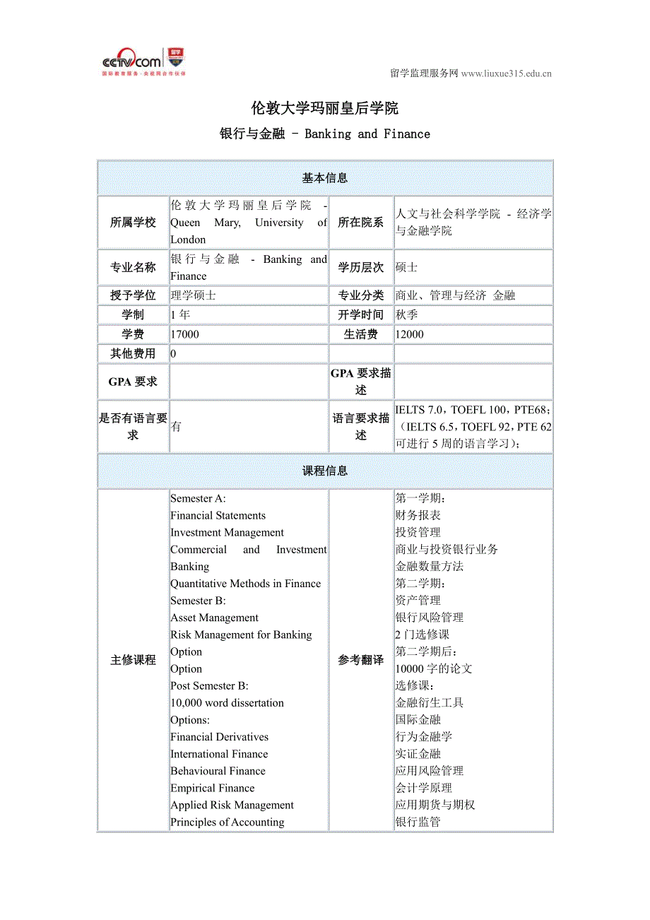 伦敦大学玛丽皇后学院银行与金融硕士_第1页