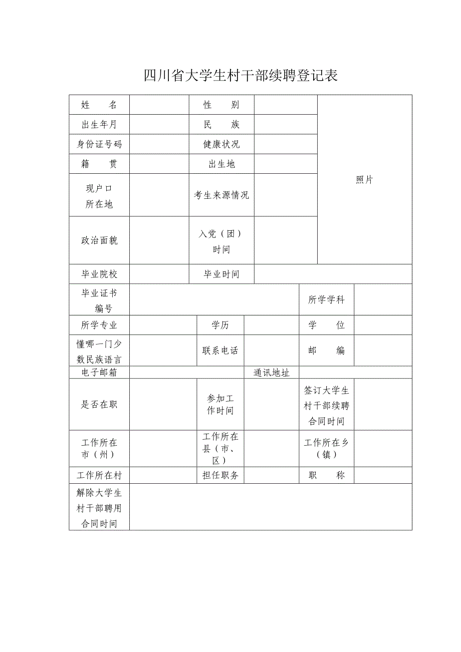 四川省大学生村干部续聘登记表_第1页