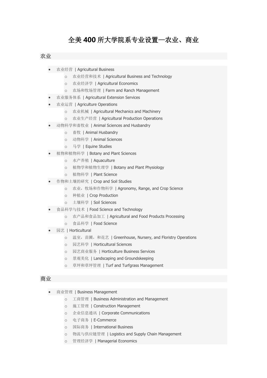 全美400所大学院系专业设置之农业商业_第1页