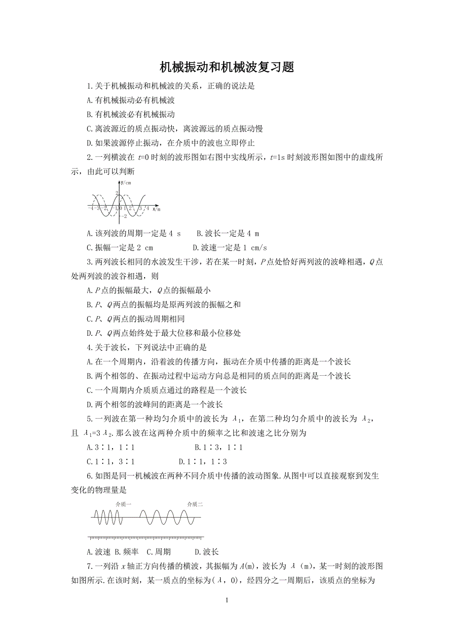 机械振动和机械波经典复习题及答案解析_第1页