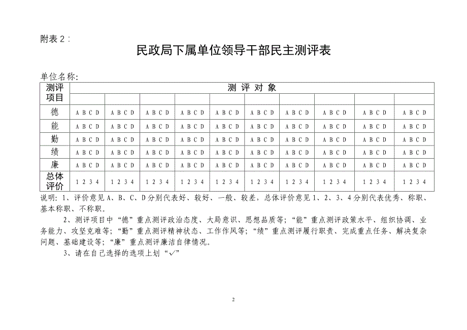 民政局下属单位领导班子民主测评表_第2页