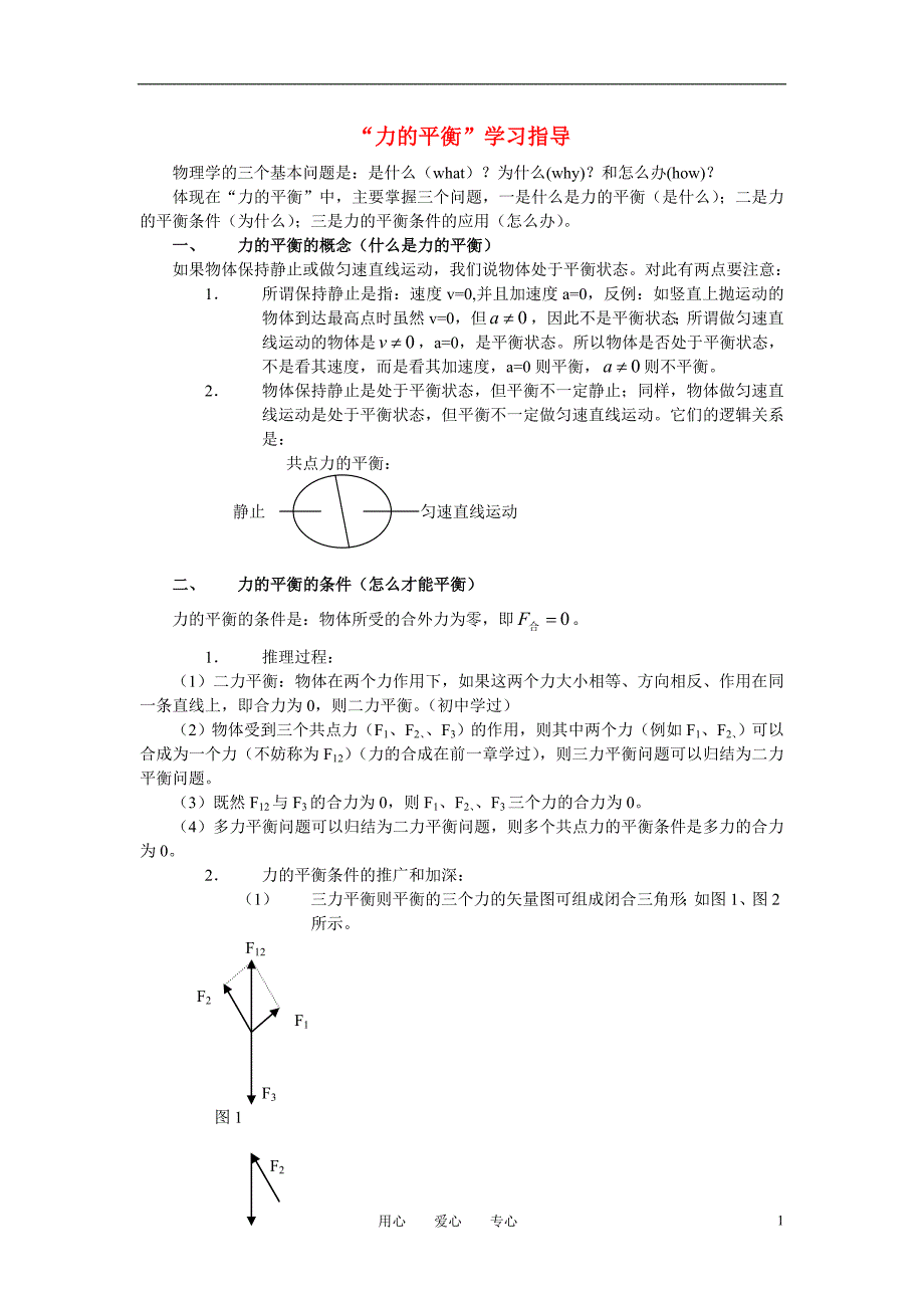 高中物理教学论文 力的平衡学习指导 新人教版必修1_第1页