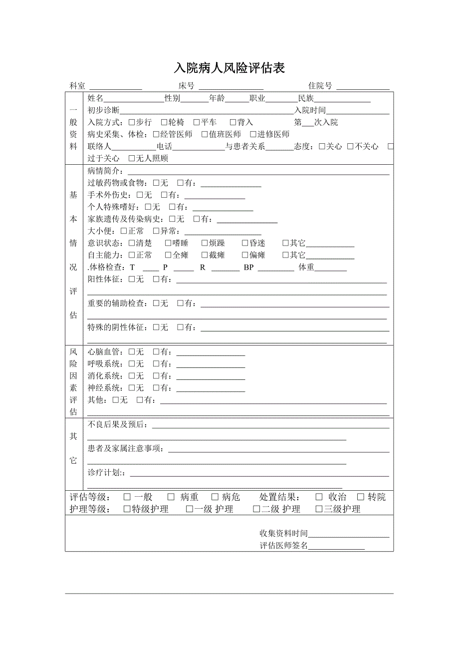 入院病人风险评估表及住院病人危重病情评估表_第1页