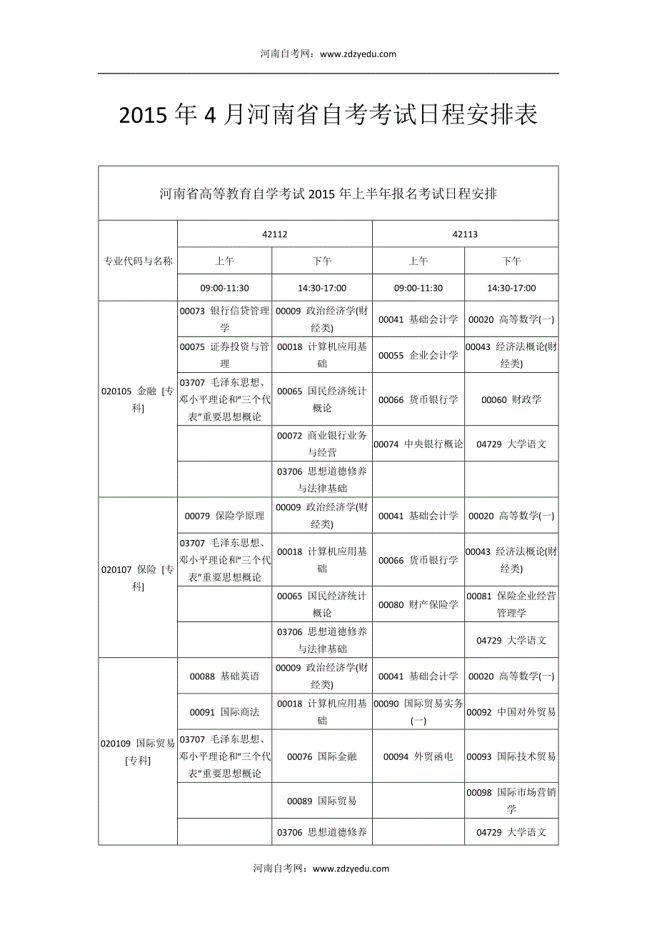 2015年4月河南省自考考试日程安排表_第1页