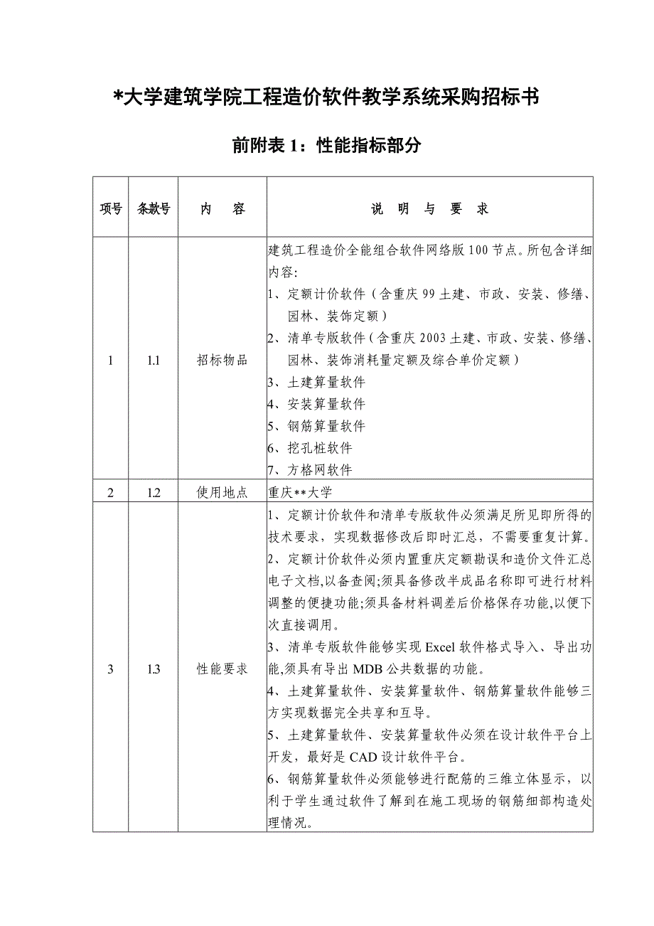 大学建筑学院工程造价软件教学系统采购招标书_第1页