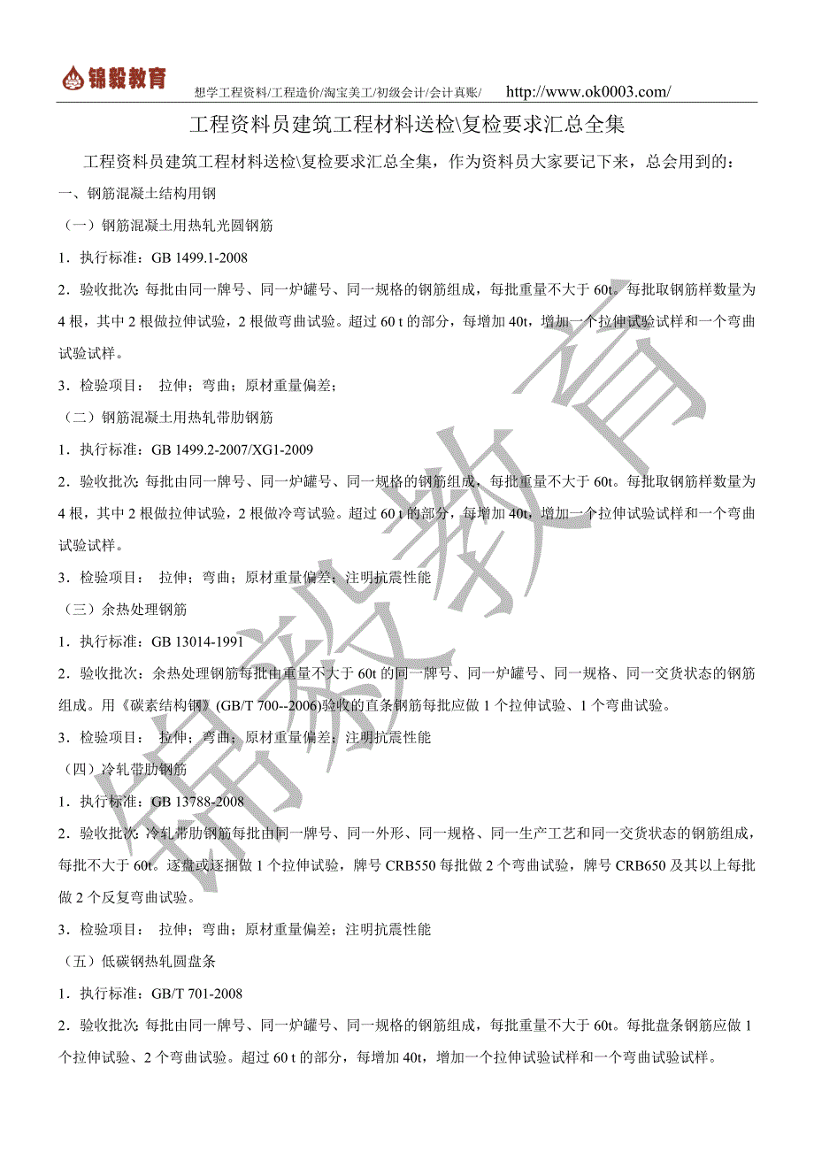 工程资料员建筑工程材料送检复检要求汇总全集_第1页