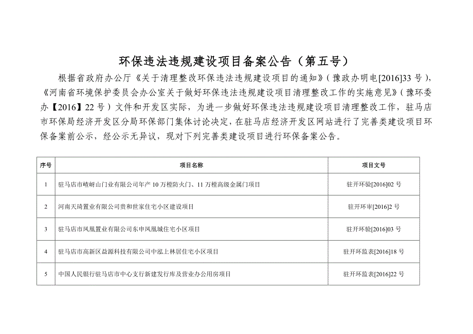 环保违法违规建设项目备案公告（第五号）_第1页