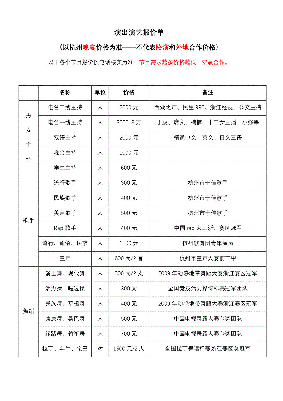 演出演艺报价单_第1页