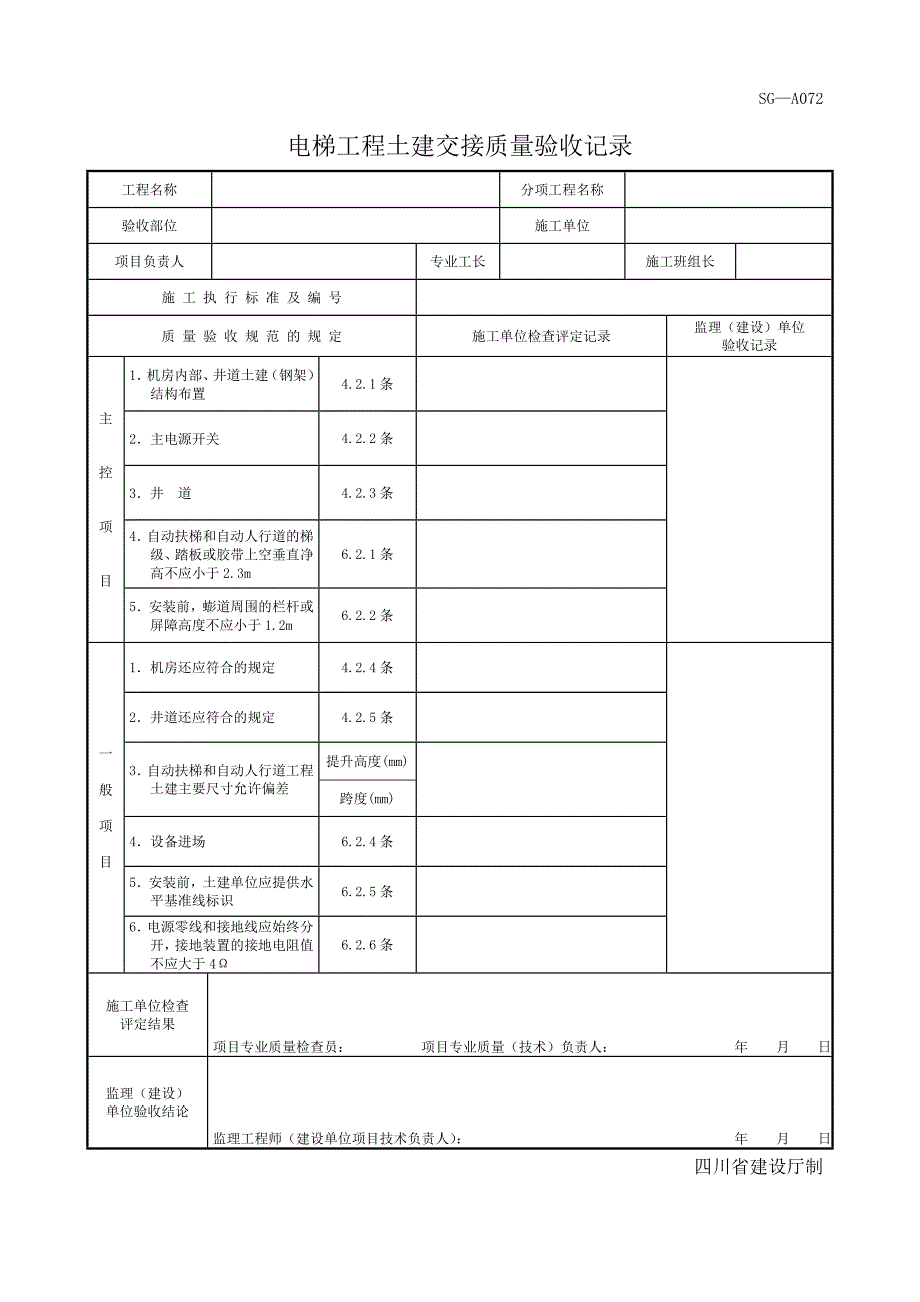 四川-电梯工程土建交接质量验收记录 SG-A072_第1页