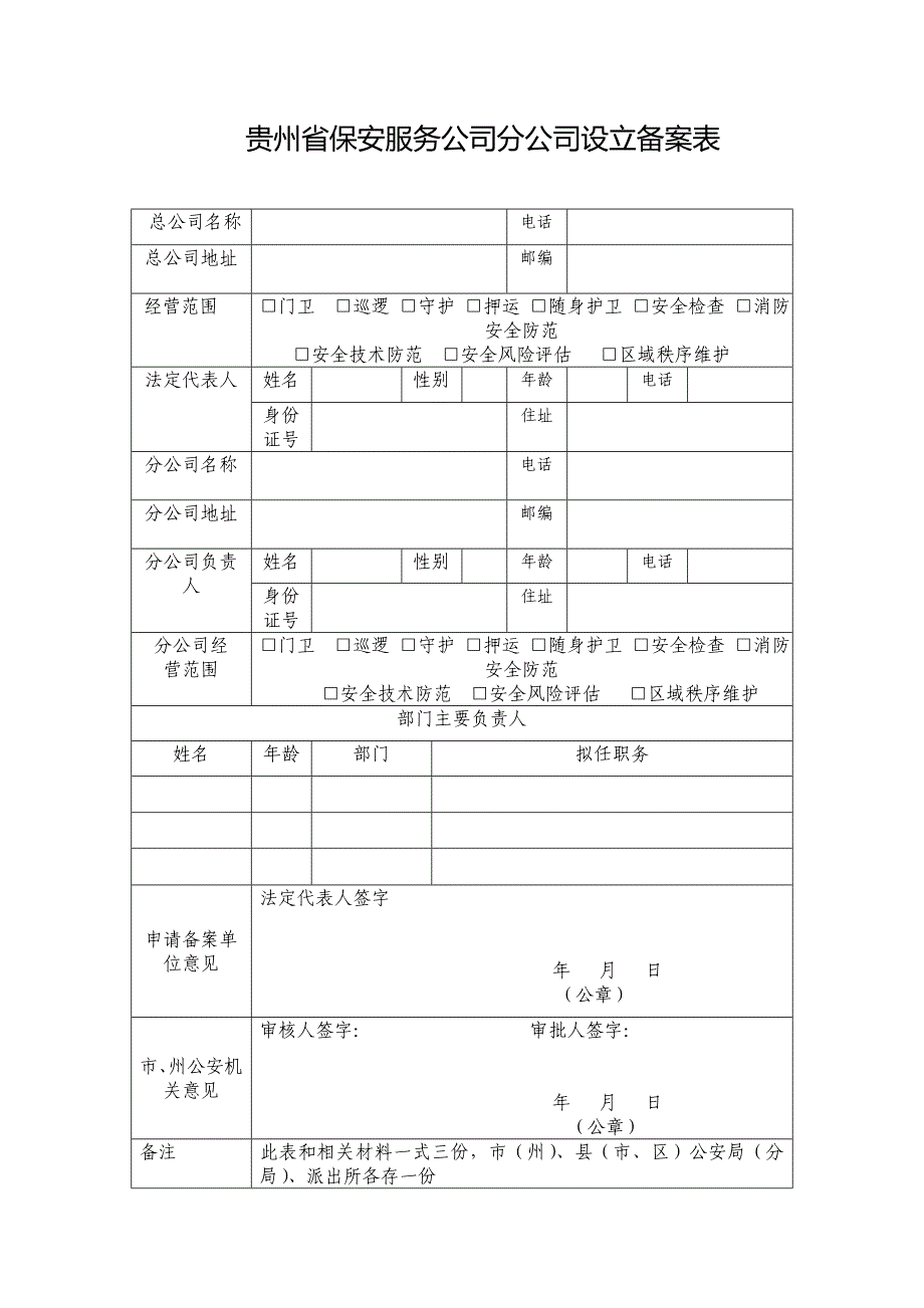 贵州省保安服务公司分公司设立备案表_第1页