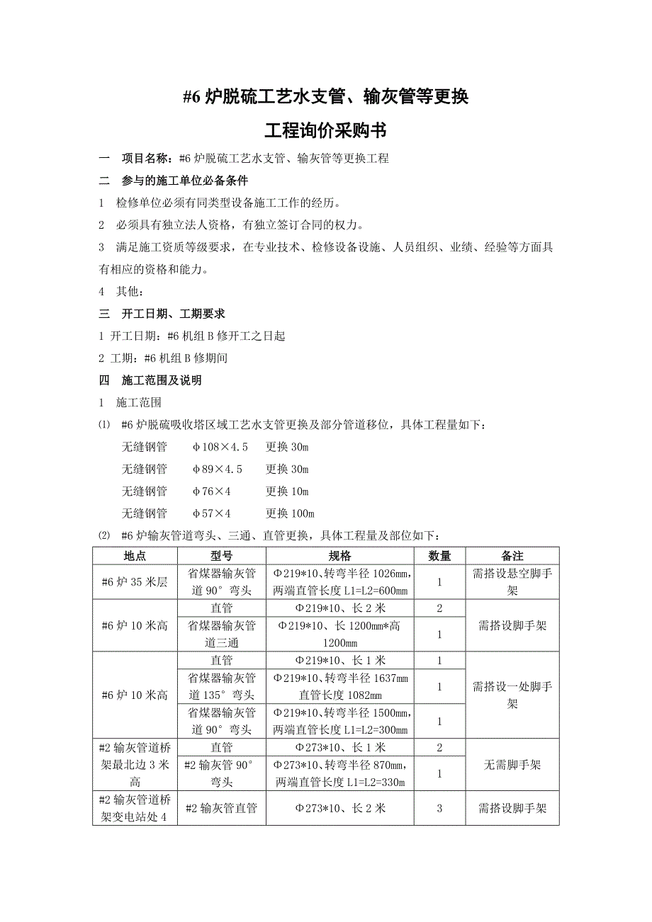 工程询价采购书模板(工艺水管等管道更换)_第1页