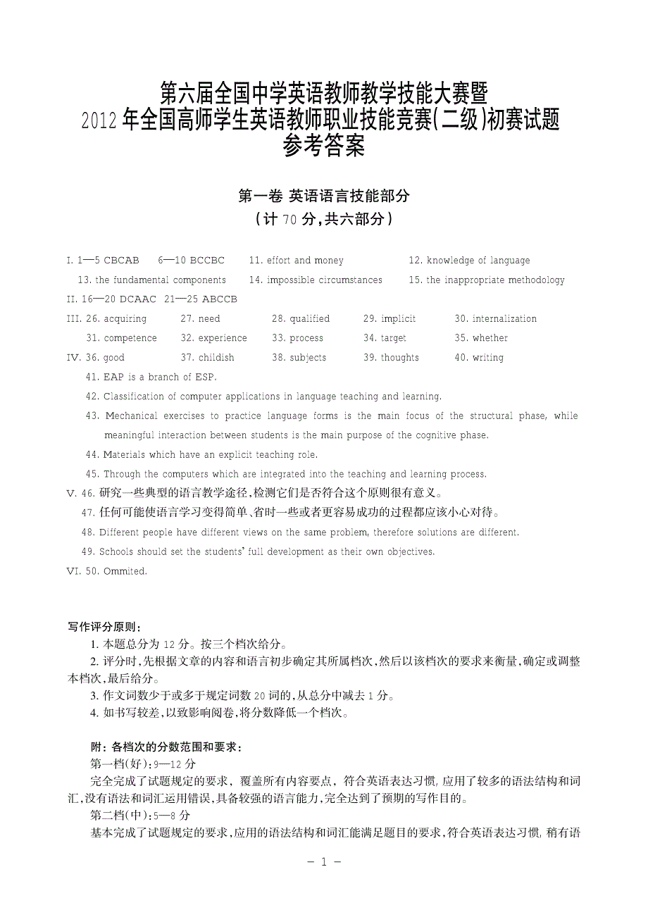 2012年全国中小学英语教师技能大赛答案 中学_第1页