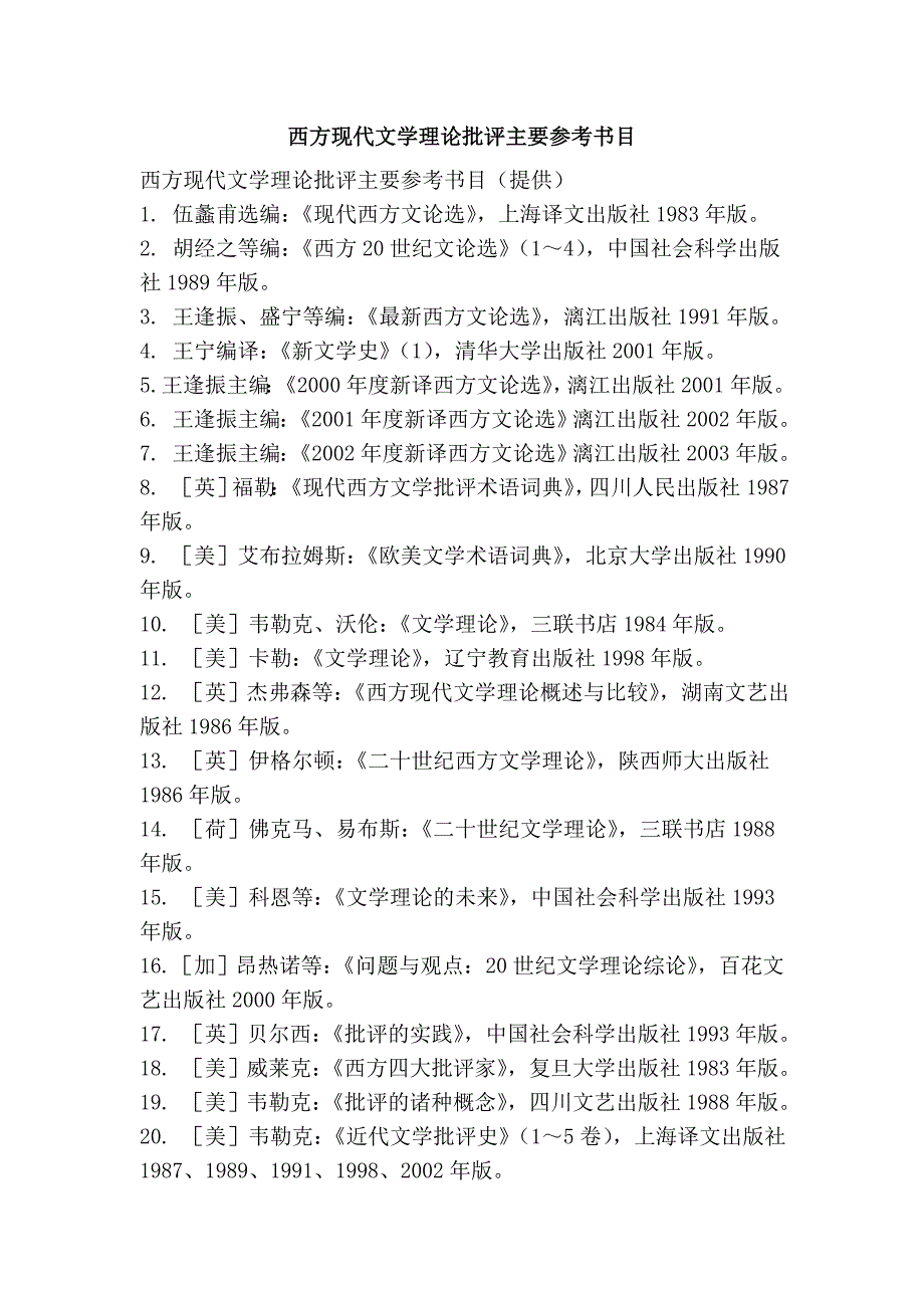 西方现代文学理论批评主要参考书目_第1页