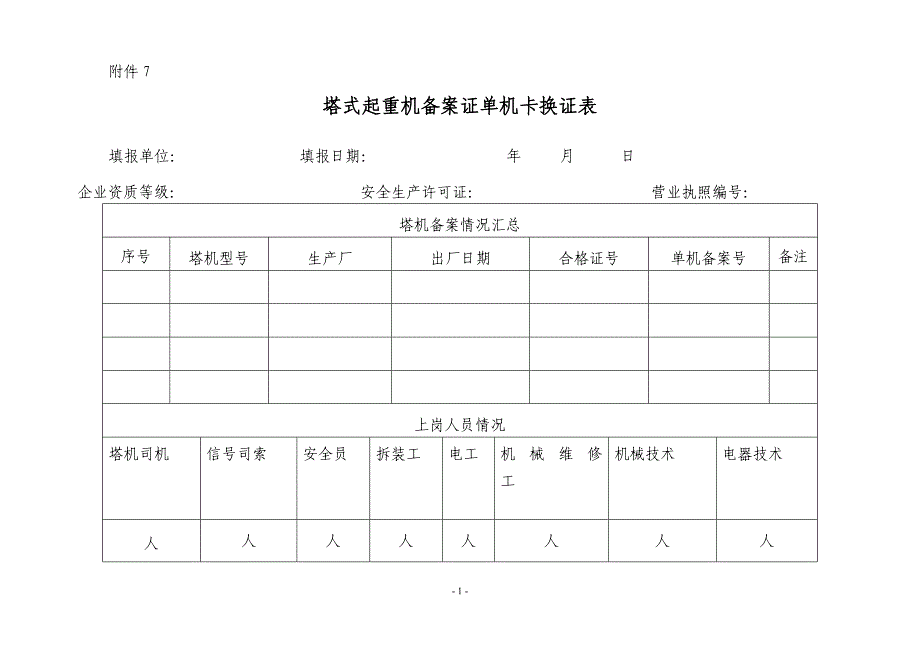 塔式起重机备案证单机卡换证表_第1页