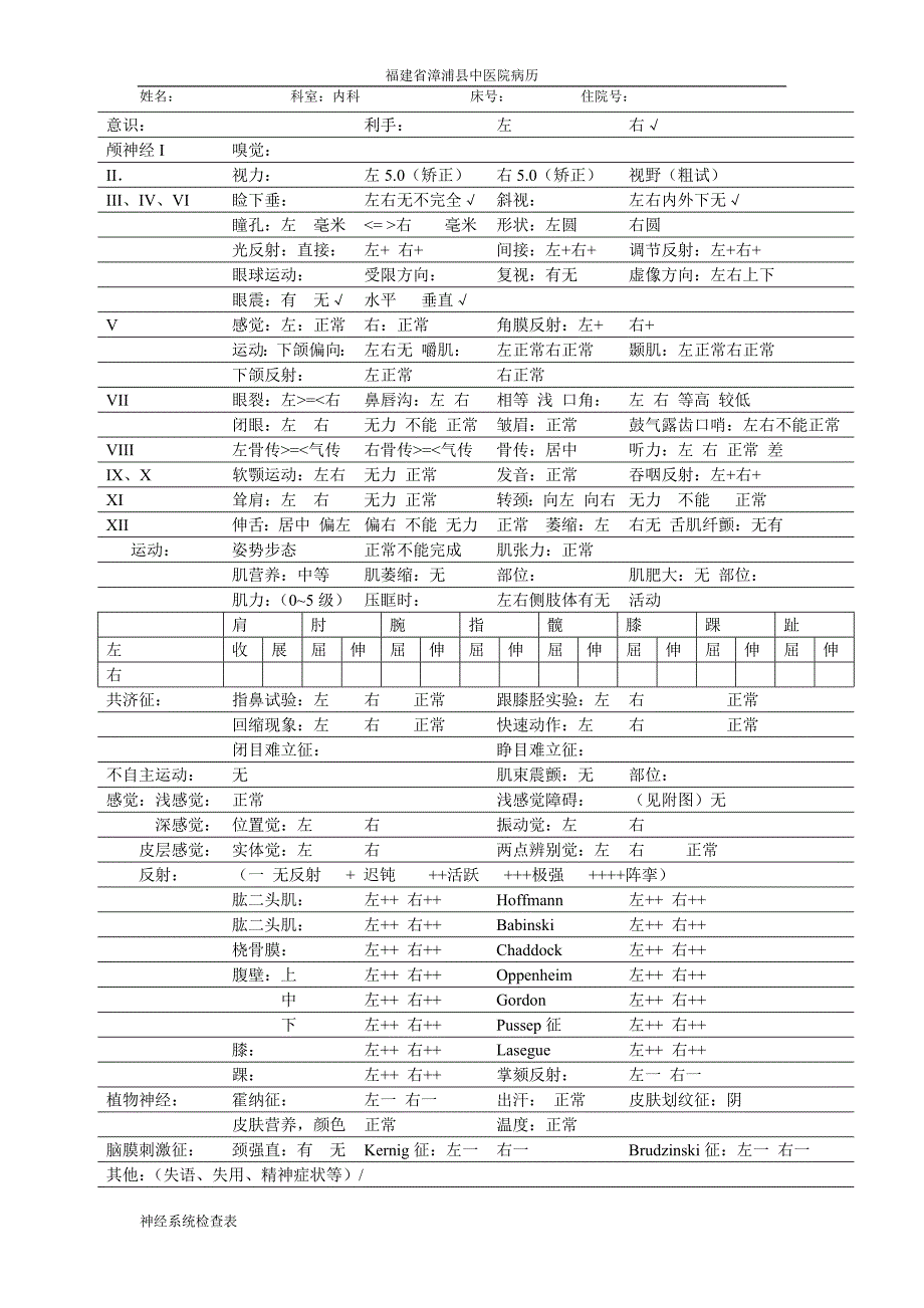 神经系统检查表_第1页