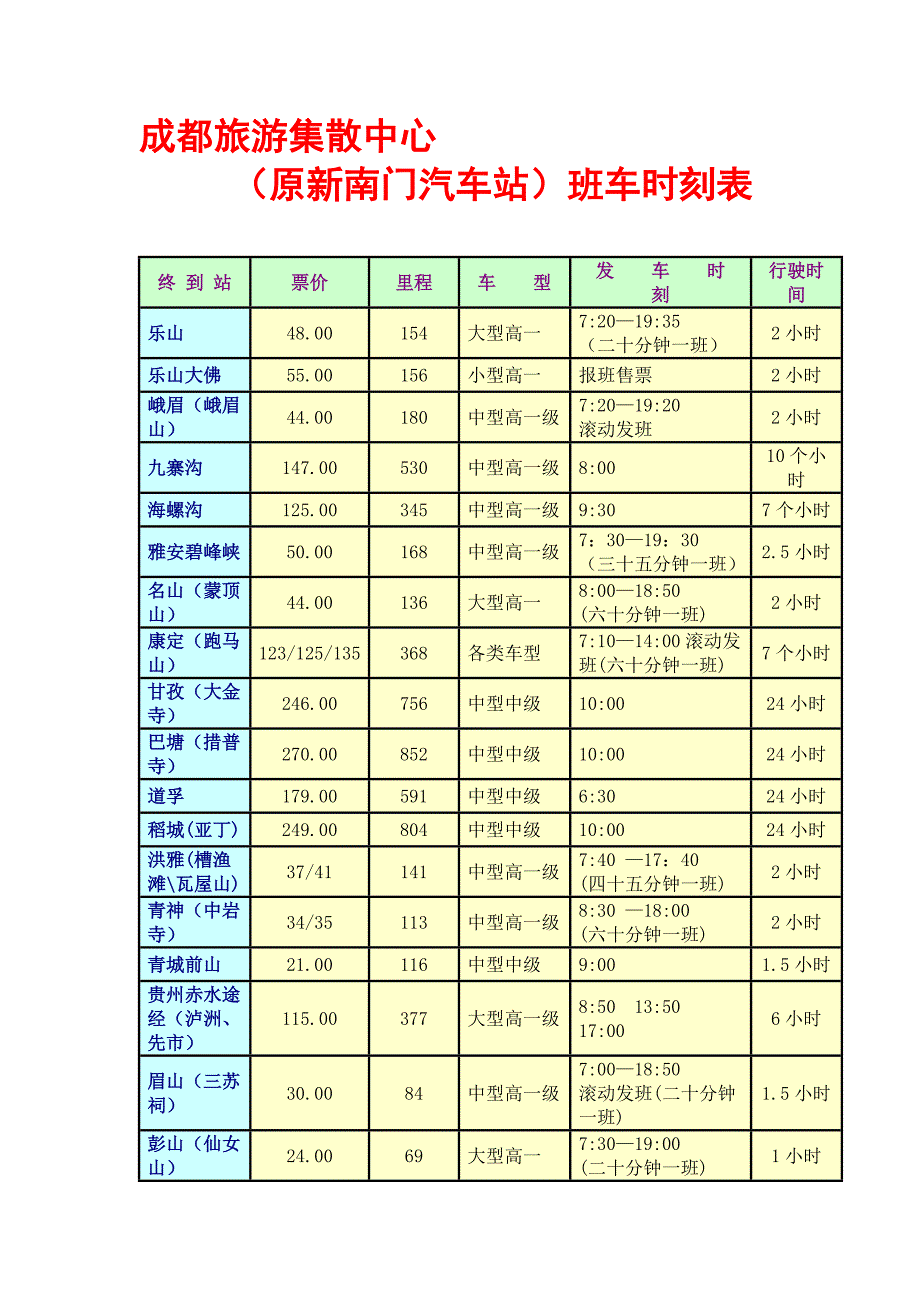 成都旅游集散中心时刻表(原新南门汽车站)_第1页