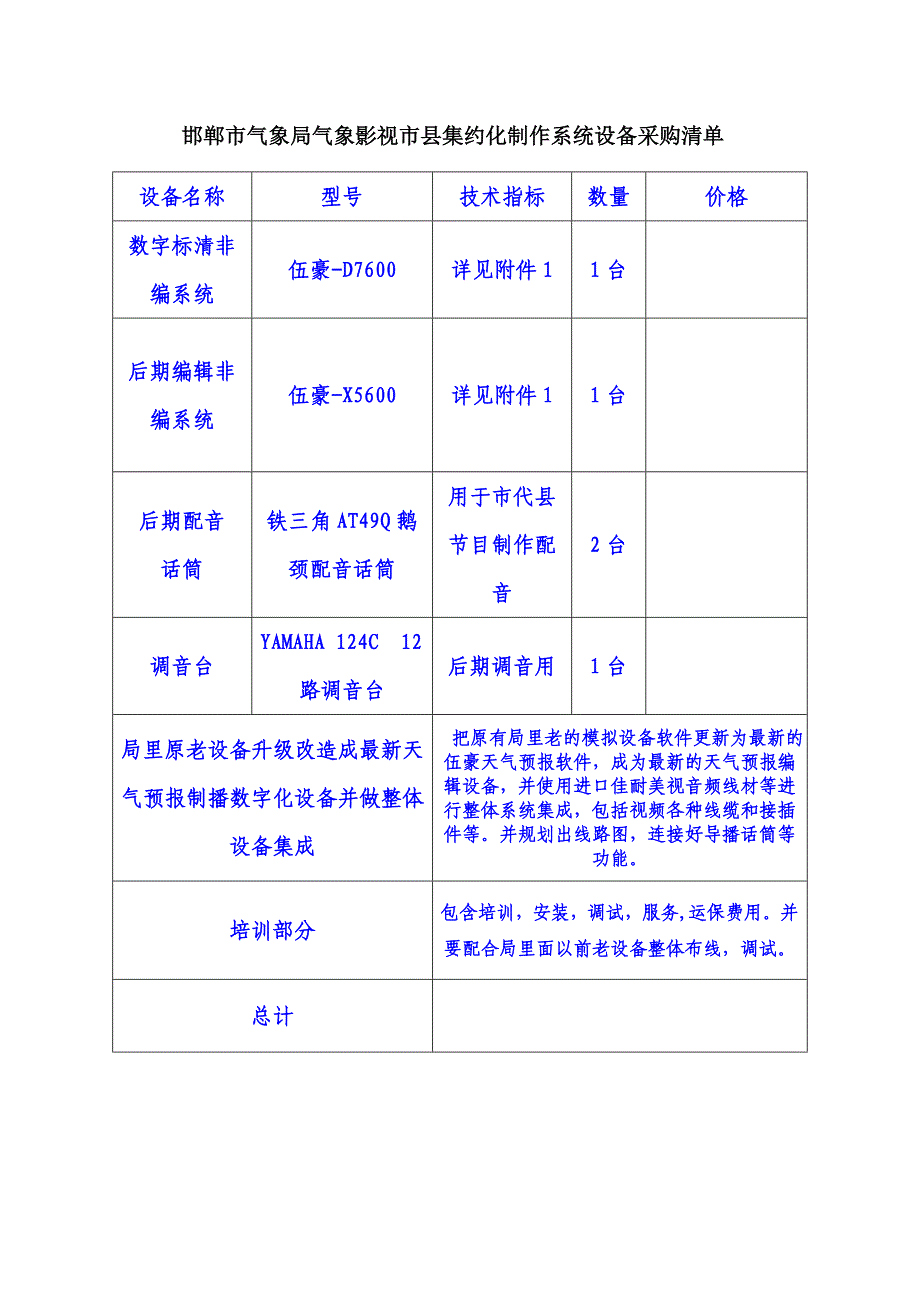 邯郸市气象局气象影视市县集约化制作系统设备采购清单_第1页