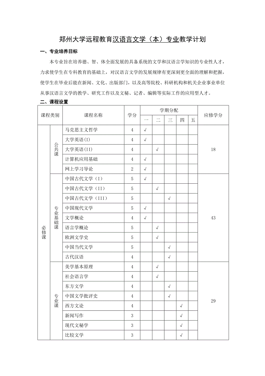 郑州大学远程教育汉语言文学（本）专业教学计划_第1页