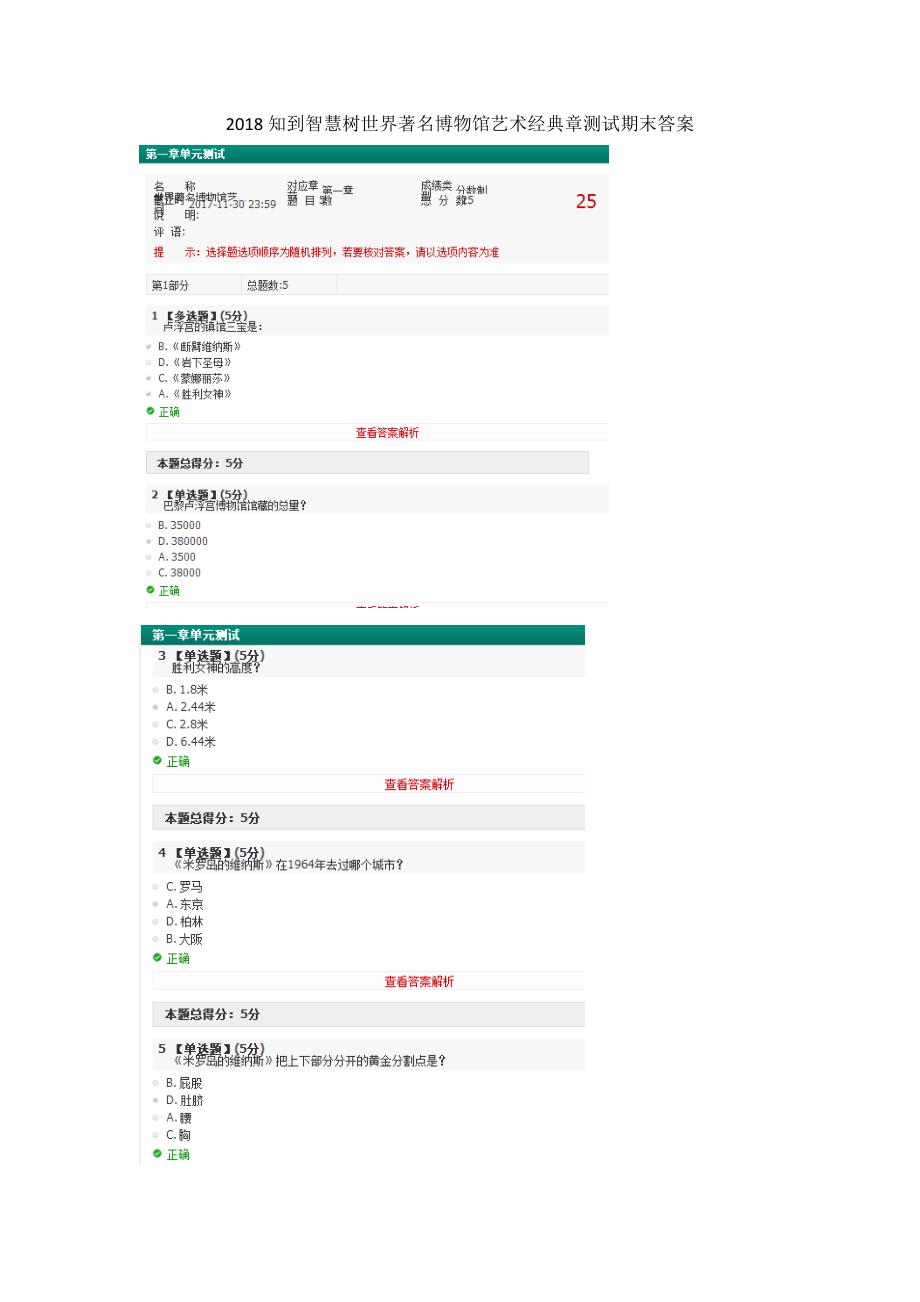 2018年知到智慧树世界著名博物馆艺术经典章测试期末答案_第1页