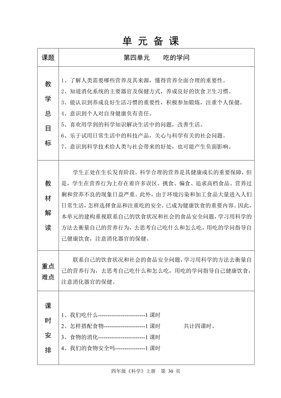 苏教版六年制四年级科学第4单元教学设计30-38_第1页