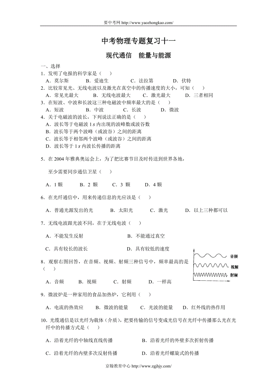 中考物理现代通信 能量与能源专题测试及答案_第1页