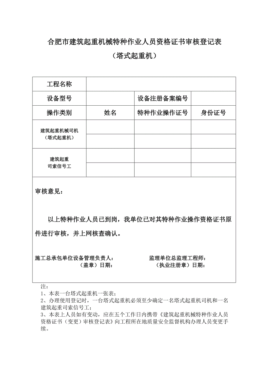 合肥市建筑起重机械特种作业人员资格证书审核登记表_第1页