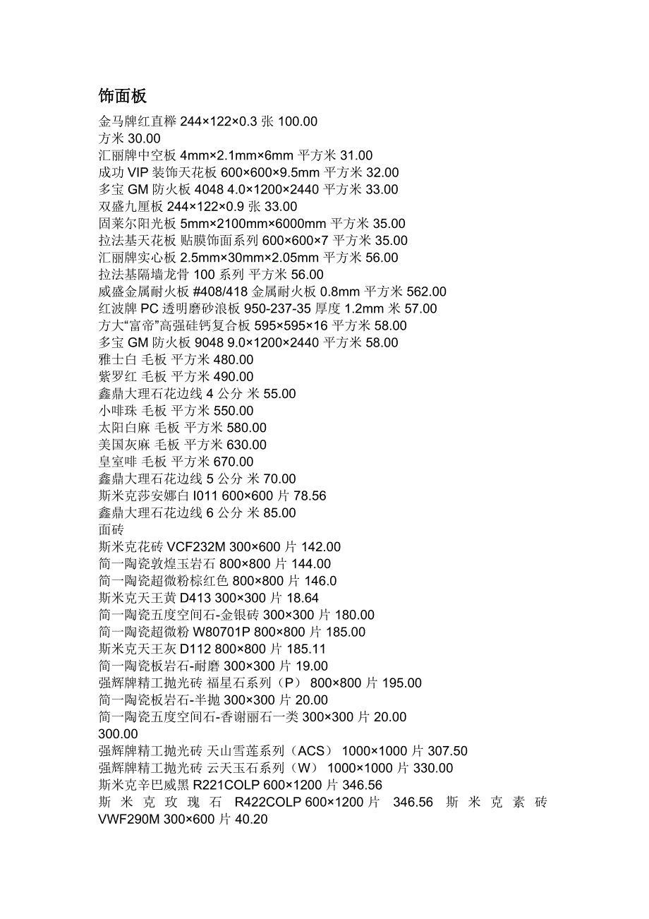 室内装饰材料报价表参考资料_第1页