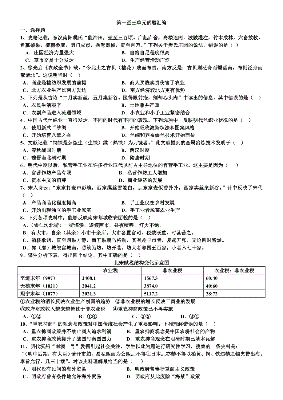 历史必修二第一至三单元试题汇编_第1页