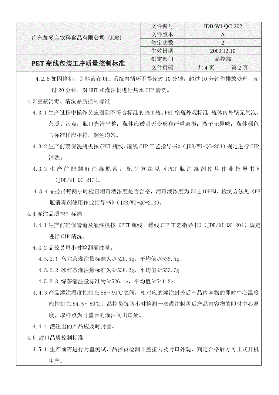 pet瓶线包装工序质量控制标准_第2页