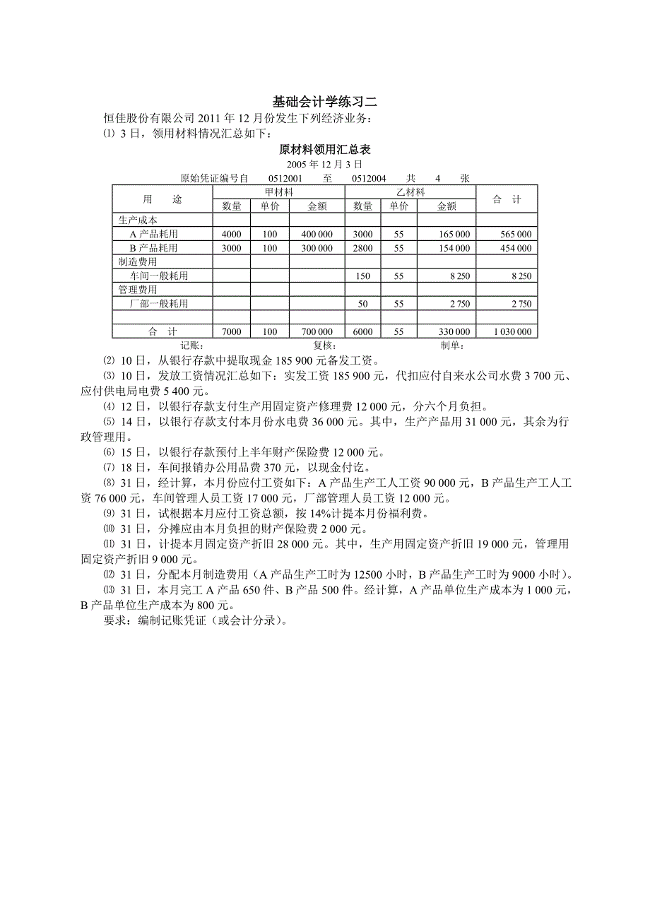 基础会计练习二(生产)_第1页