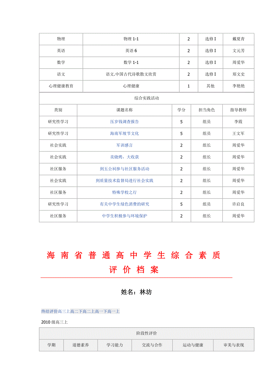 海南省普通高中学生综合素质评价档案_第3页