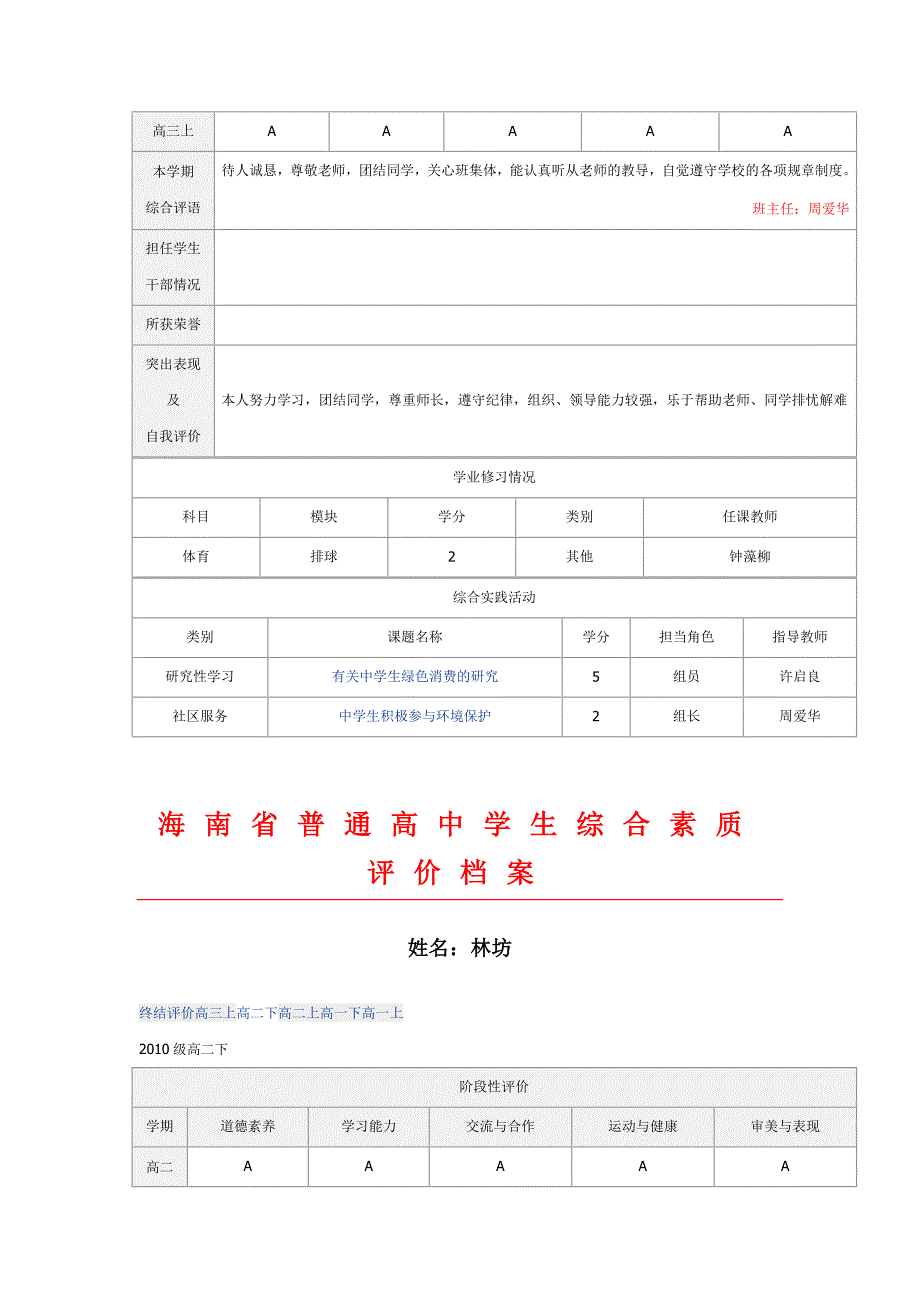 海南省普通高中学生综合素质评价档案_第4页