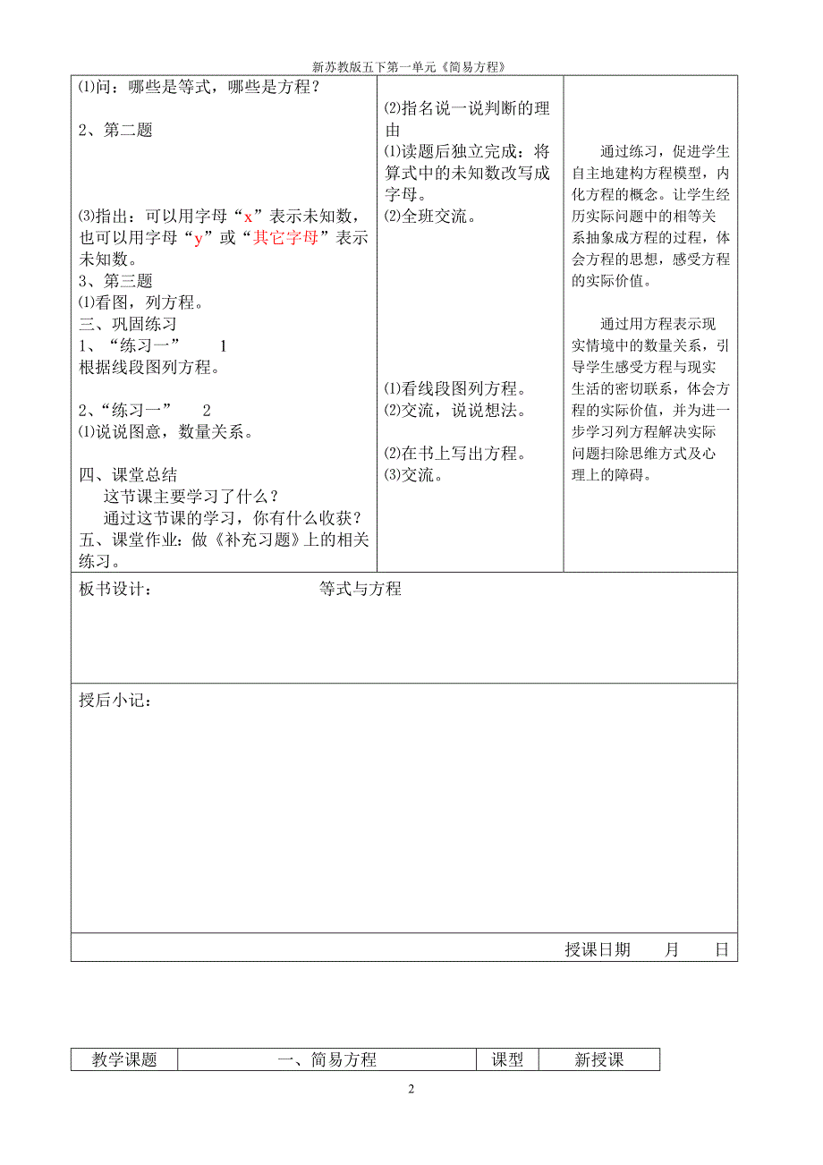 新苏教版五年级下册第一单元《简易方程》教案_第2页